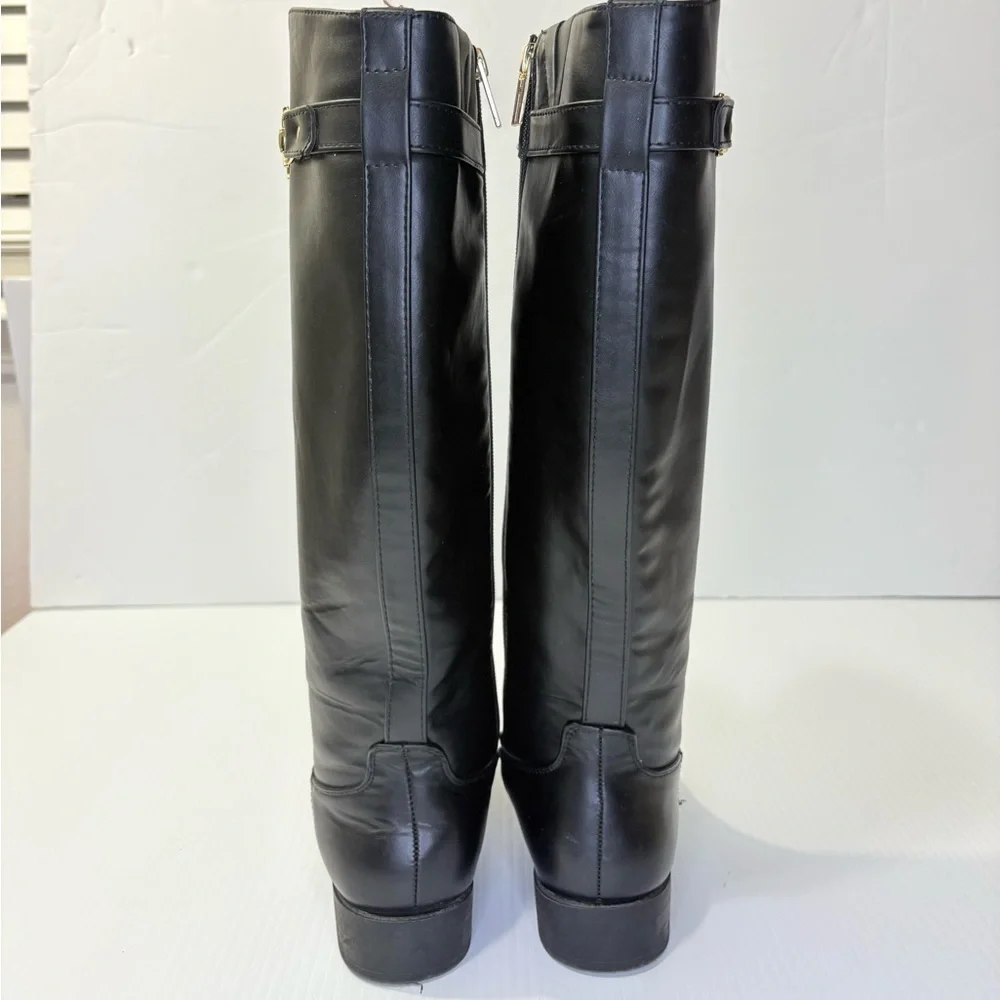 Tommy Hilfiger Inezy Black Knee High Equestrian Boots Side Zip Block Heel Sz6